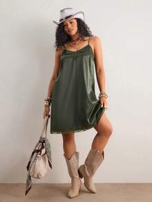 Freevana 大码女式蕾丝休闲度假约会装吊带连衣裙 - 軍綠色 - 查看 3