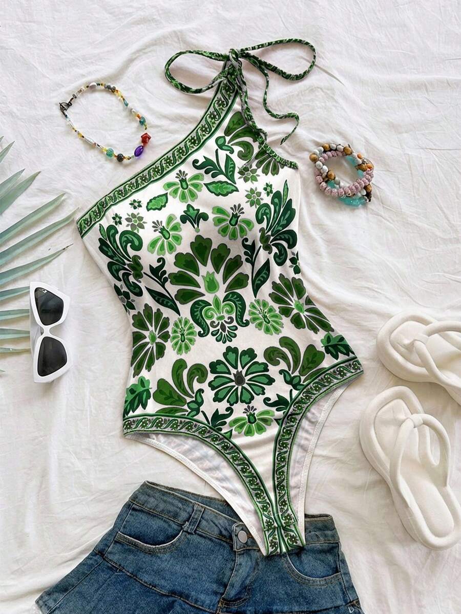 Soleia Nuevo body asimétrico de hombro con lazo estampado de punto para vacaciones para mujeres - Verde - Ver 1