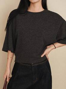 DAZY Women's Solid Color Round Neck Casual 3/4 Sleeve T-Shirt, Summer - Black - View 6