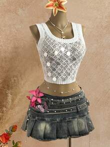 Elamini Women's White Knit Vest, Fashionable Sexy Sheer Sparkling Sequin Summer - White - View 5