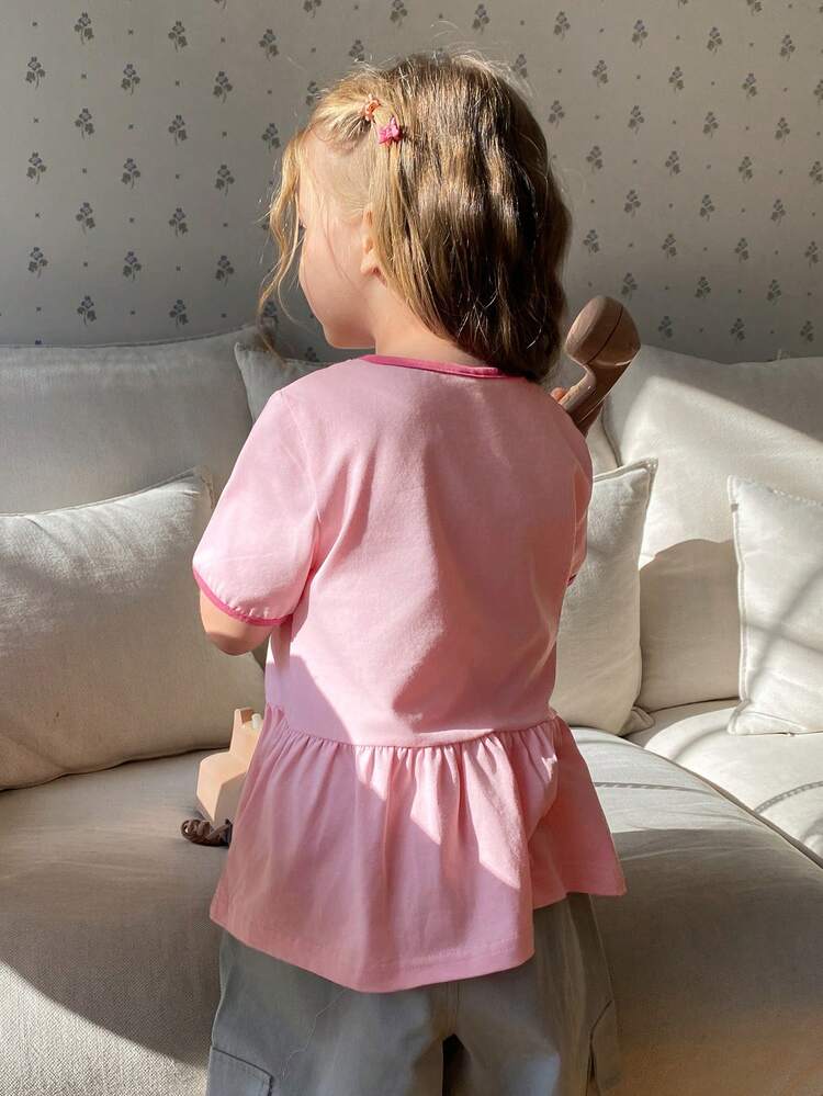 Girls' Cute Bow Decor Round Neck Short Sleeve Ruffle Hem T-Shirt Summer
