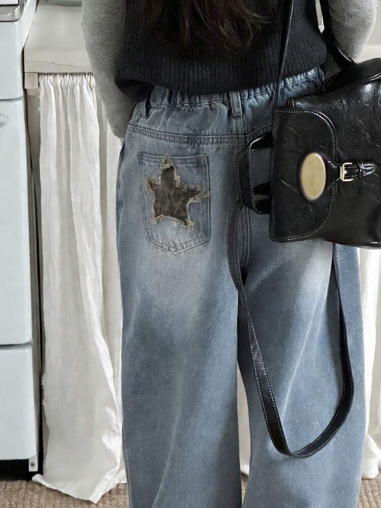 Tween Girls' Casual Fashionable Street Style Leopard Print & Star Patchwork Frayed Hem Loose Wide Leg Jeans, Suitable For Daily Commute