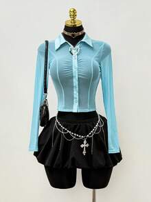 EgrlEra Solid Color Front Button Long Sleeve Casual Sheer Shirt Y2K  - Blue - View 2