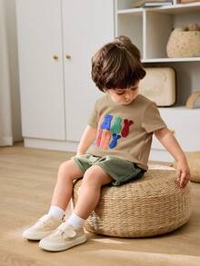Cozy Pixies 2pcs Baby Boy Letter Pattern Knit Soft Round Neck Short Sleeve Top And Elastic Waist Shorts Set - Multicolor - View 7