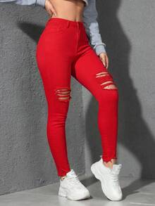 Flexra Casual Solid Color Distressed Slim Fit Denim Jeans - Red - View 7