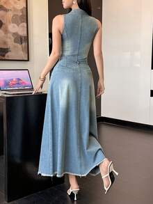 DAZY 女士休闲水洗牛仔背心和迷你裙套装，春夏款，婚礼宾客礼服 - 藍色 - 查看 3