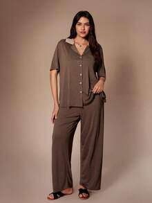 Lazeform Soft & Skin-Friendly Contrast Color French Style Casual Plus Size Women Pajama Set - Coffee Brown - View 3