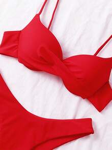 Swim Basics 女士夏季沙滩纯色交叉性感比基尼泳装套装，聚拢型 - 紅色 - 查看 3