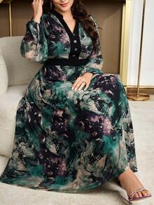 Modelyn 大码女式碎花V领灯笼袖优雅连衣裙 - 彩色 - 查看 6