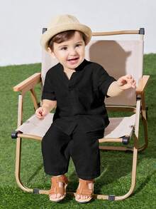 SHEIN Lässiges, locker sitzendes 2 Stücke Set aus Hemd mit Stehkragen und Hose aus gewebtem Uni-Stoff mit kurzen Ärmeln, geeignet für Babyjungen und -mädchen, Frühling/Sommer/Herbst, Outdoor, Urlaub, Alltag, Reisen - Schwarz - Übersicht 3