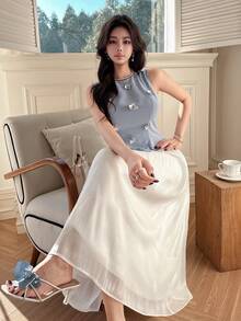 DAZY Women 3D Floral Decor Contrast Color Mid-Length Dress Summer Sundress - Grey - View 7