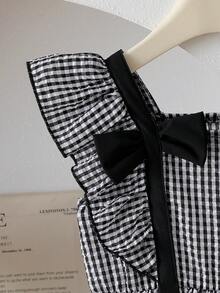 Girls' Elegant Vintage Korean Style Sweet Bowknot Square Collar Cap Sleeve Ruffle Hem Patchwork Dress, Suitable For Vacation, Holidays, Parties And Other Occasions, Summer Black White Dress For Girls Kids Jacquard Dresses Little Girls Dresses Cap Sleeve Ruffle Sleeve Dress Kids Girls Plaid Dress Girls Party Dress Young Girls Dresses Gingham Dress Bow Detail Dress - Black and White - View 6