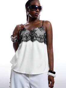 LYSMO 大码女式撞色蕾丝吊带背心 女士夏季穿搭 女士吊带上衣 女士漂亮上衣 女士吊带背心 女士吊带背心 大码背心 吊带背心 大码女式上衣 - 白色 - 查看 4