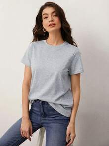 SHEIN BASICS Áo thun thể thao tay ngắn cổ tròn màu trơn mùa hè - Xám - Xem 6