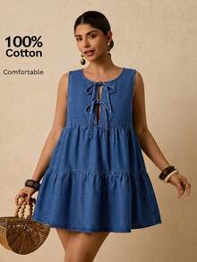 Travachic 大码女式纯色圆领无袖系腰荷叶边下摆牛仔夏季连衣裙 - 藍色 - 查看 6