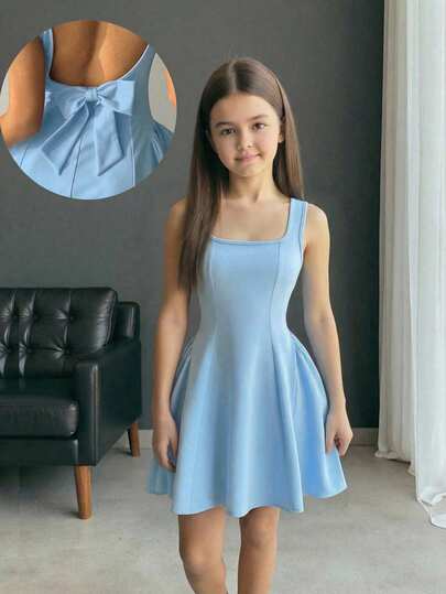 Firerie Kids Tween Girls Lovely Petal Sleeve Patchwork A-Line Dress With Bow Back, Light Blue