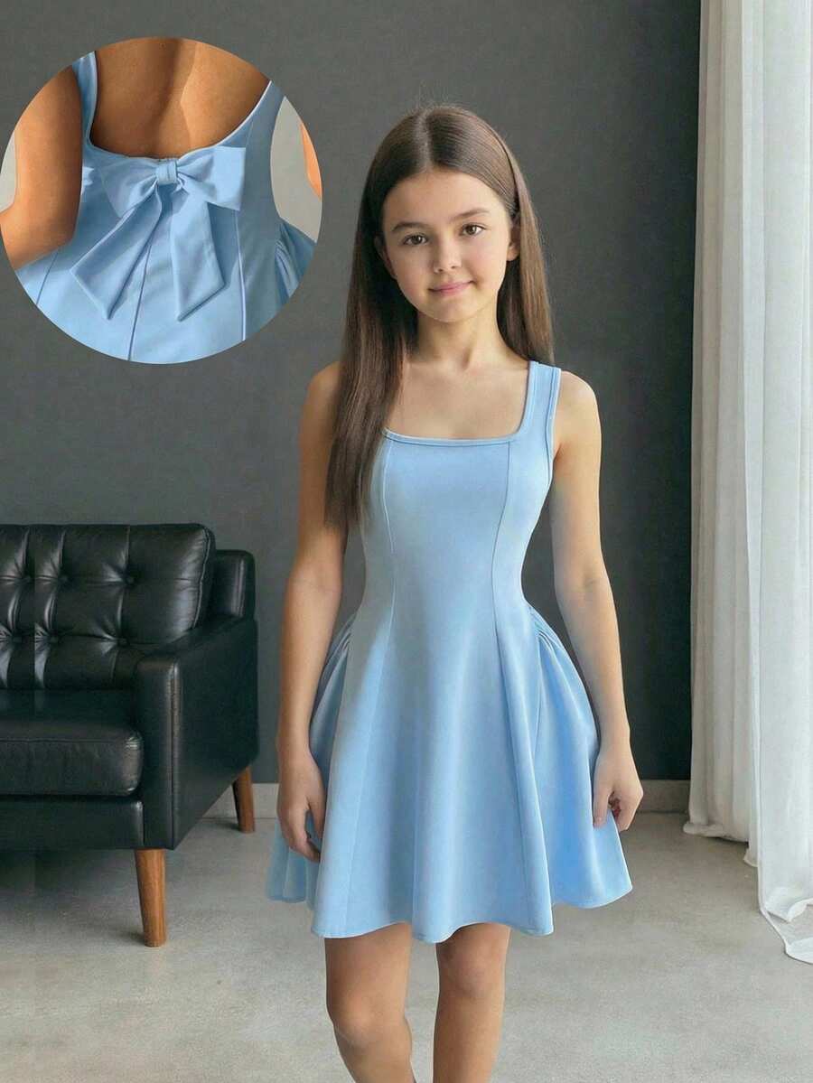 Firerie Kids Tween Girls Lovely Petal Sleeve Patchwork A-Line Dress With Bow Back, Light Blue - Baby Blue - View 1