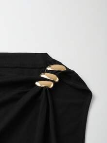 Franclia Tall 女士时尚高挑无袖背心，金属装饰，不对称下摆，褶皱腰身，夏季 - 黑色 - 查看 4