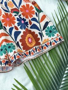 少女热带印花V领无袖休闲度假风连体裤，适合音乐节、旅行、海滩等场合。 - 彩色 - 查看 5