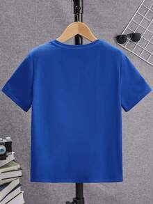 SHEIN Teen Boys' Casual English Graphic Print Short Sleeve Cotton T-Shirt, Summer - Royal Blue - View 2