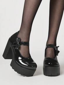 ROMWE Kawaii 女士高跟鞋 暗黑摇滚朋克哥特风 闭趾玛丽珍鞋 小号皮鞋 Y2K派对礼服鞋 厚底乐福鞋 - 黑色亮皮蝴蝶結 - 查看 1