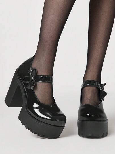 ROMWE Kawaii Women's High Heels Dark Rock Punk Goth Shoes Closed Toes Mary Jane Small Leather Shoes Y2K Party Dress Shoes Thick Heel Loafers