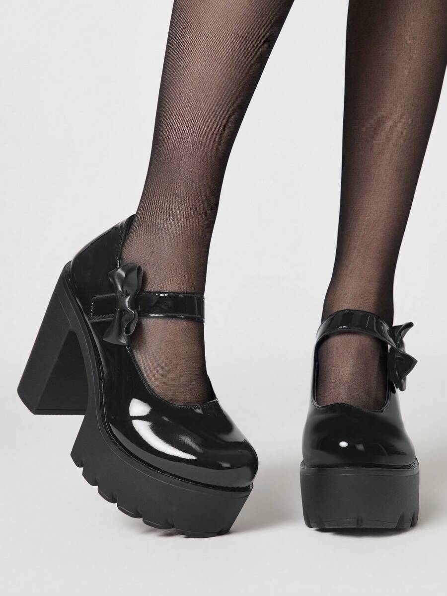 ROMWE Kawaii 女士高跟鞋 暗黑摇滚朋克哥特风 闭趾玛丽珍鞋 小号皮鞋 Y2K派对礼服鞋 厚底乐福鞋 - 黑色亮皮蝴蝶結 - 查看 1