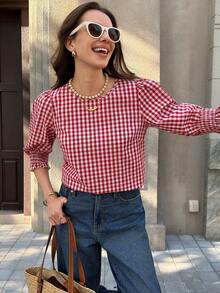 Solivie Blusa casual de mujer con cuello redondo, mangas abultadas y estampado de cuadros, para verano - Rojo y blanco - Ver 6