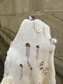 Aloruh 女士春夏新款波西米亚风做旧针织吊带背心，纯色杏色，饰有贝壳和珍珠，露背细肩带毛衣，适合海滩度假、音乐节、海边等场合。 - 杏色 - 查看 10