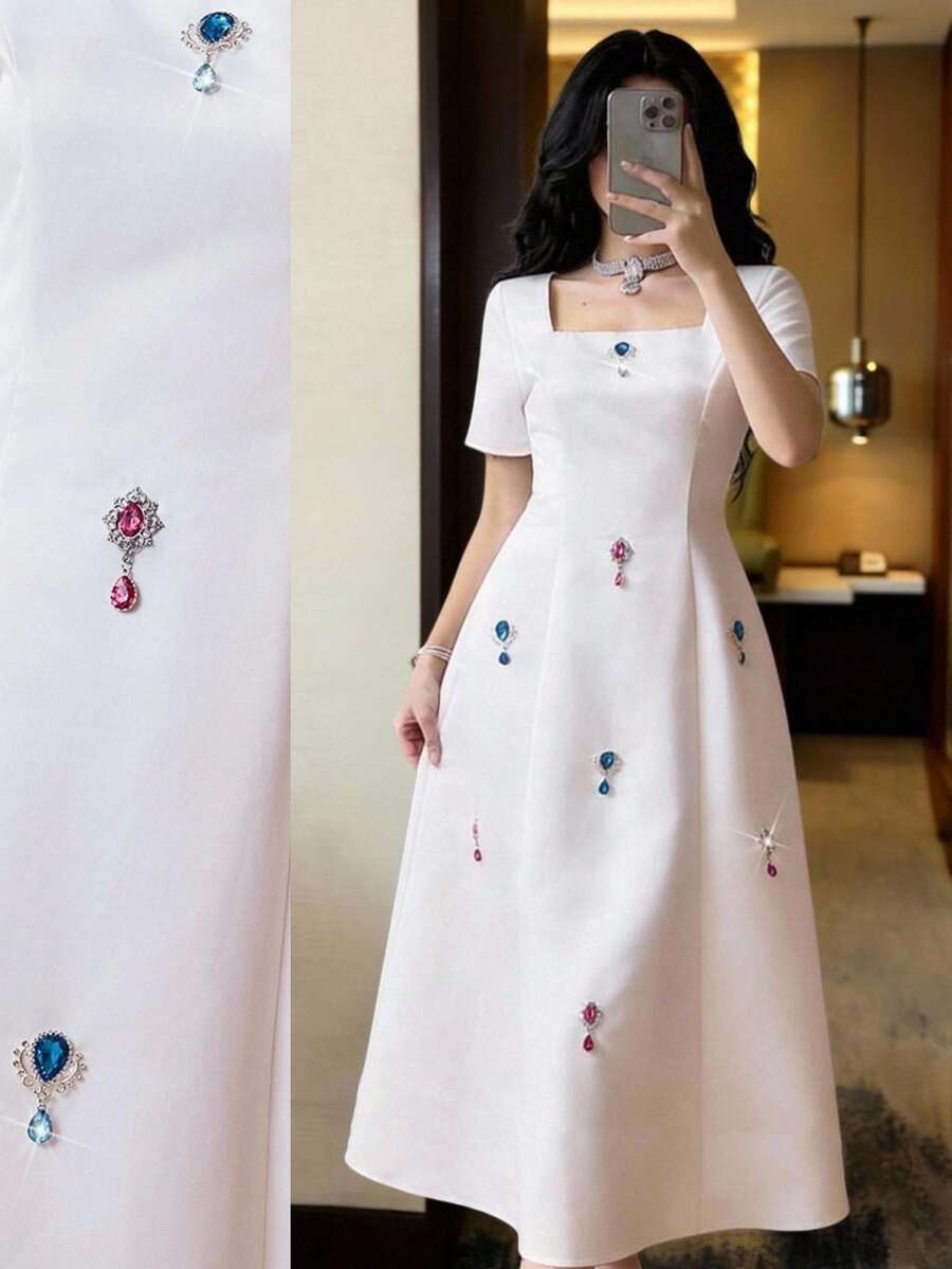 Modelyn Women's Elegant White Summer Rhinestone Square Neck Short Sleeve Dress,Sparkly Colored Birthday Party,Wedding Guest & Bridesmaid Dresses - White - View 1