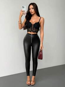 SHEIN PETITE Elegant Black Circle Head Zipper Leather Pants, Fall/Winter - Black - View 7