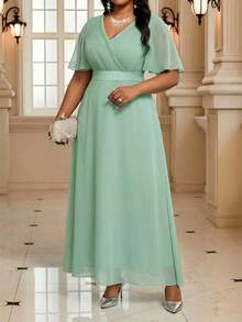 Fleurora 大码纯色常规肩部荷叶边下摆裹腰短袖夏季连衣裙 - 薄荷綠 - 查看 4