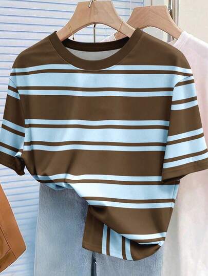 Resyla Casual Minimalist Brown & Pink Striped Loose Fit Women Round Neck Short Sleeve T-Shirt