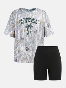 Bộ đồ mùa hè cho bé gái, gồm áo thun rộng và quần legging dệt kim in họa tiết gỗ lũa, chất liệu mềm mại, hợp thời trang, đa năng, phù hợp cho các buổi đi chơi, chụp ảnh cùng chị em, dã ngoại, cắm trại, kỳ nghỉ và thư giãn hàng ngày. - Xám - Xem 11