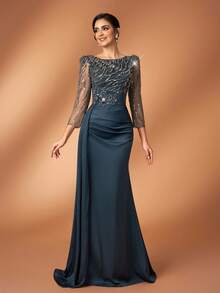 Serin Elegant Luxurious Blue Satin Dress With Sequin Beaded Embroidery,Sheer Sleeves,Ruched Mermaid Formal Gowns For Winter Evening Wedding Parties - Army Green - View 4