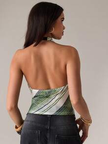 SHEIN BAE Women's Sexy Striped Halter Backless Camisole Top For Summer - Olive Green - View 2