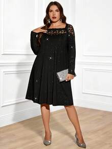 Miaspire Plus Size Women's Elegant Party Lace Patchwork Black Dress, Autumn/Winter, Black Elegant Dress Curve, Long Sleeve Elegant Dress, Black Sparkle Dress,Autumn/Winter,Going Out Outfits,2025 New Clothes,Simple And Fashionable For Everyday Wear, Plus Size Winter Clothes,New Year Dress ,Comfortable And Breathable,Flowy Dress,Christmas Outfit For Women ,New Year Clothes - Black - View 4
