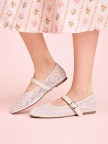 CUCCOO DOLLMOD Women's Shoes Mesh Embroidery Decorative Flat Bottom Mary Jane - off-white - View 5