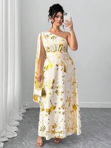 Elenzga Plus Size Women Elegant Asymmetrical Shoulder Cinched Waist Gold Foil Dress - Gold - View 5