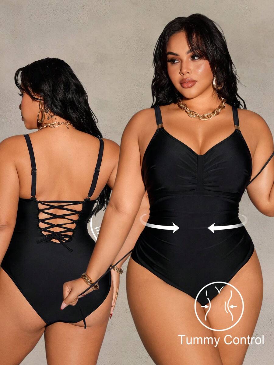 Shapewave Traje de baño de una pieza de unicolor para mujer de talla grande - Negro - Ver 1