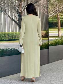 Yasmyna Women's Elegant Vacation Style Patchwork Ribbon V-Neck Flare Sleeve Loose Arabic Dress - Green - View 2