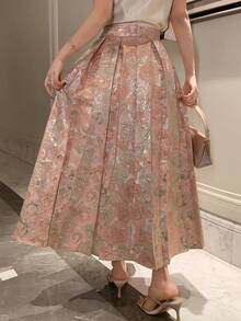 DAZY Women's Elegant Rose Jacquard Pleated Skirt, Spring/Summer - Pink - View 2