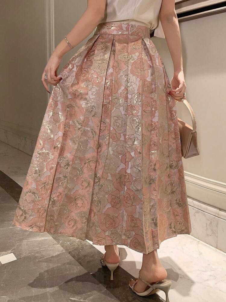Women's Elegant Rose Jacquard Pleated Skirt, Spring/Summer,Wedding Guest Skirt Women Boho