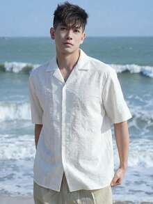 DAZY Summer Vacation Beach White Geometric Pattern Textured Fabric Men's Shirt - White - View 5