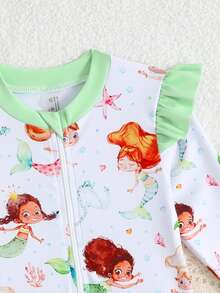 Baby Girl Cartoon Mermaid Print Patchwork Ruffle Trim Zipper Front One-Piece Swimsuit - Multicolor - View 5