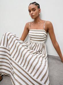 Maija Women's Sleeveless Striped Midi Dress,White And Brown,Summer,Casual,Vacation Beach Outfit,Elegant Easter Dress,Fashionable Spring Holiday Outfits - Apricot - View 6