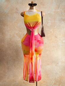 Bellisia Vestido largo casual de vacaciones para mujer con diseño estampado colorido y adornos metálicos - Multicolor - Ver 1