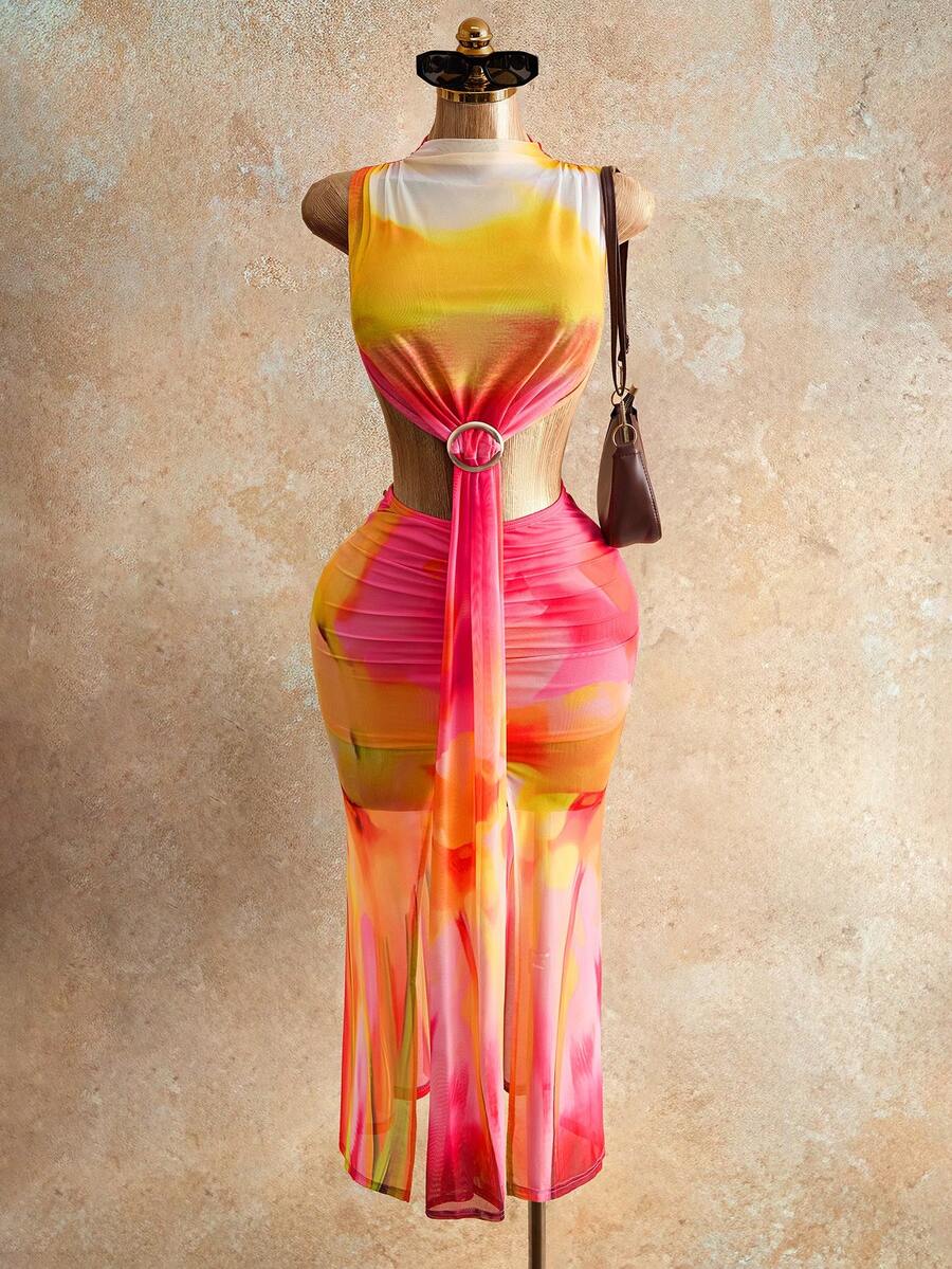 Bellisia Vestido largo casual de vacaciones para mujer con diseño estampado colorido y adornos metálicos - Multicolor - Ver 1