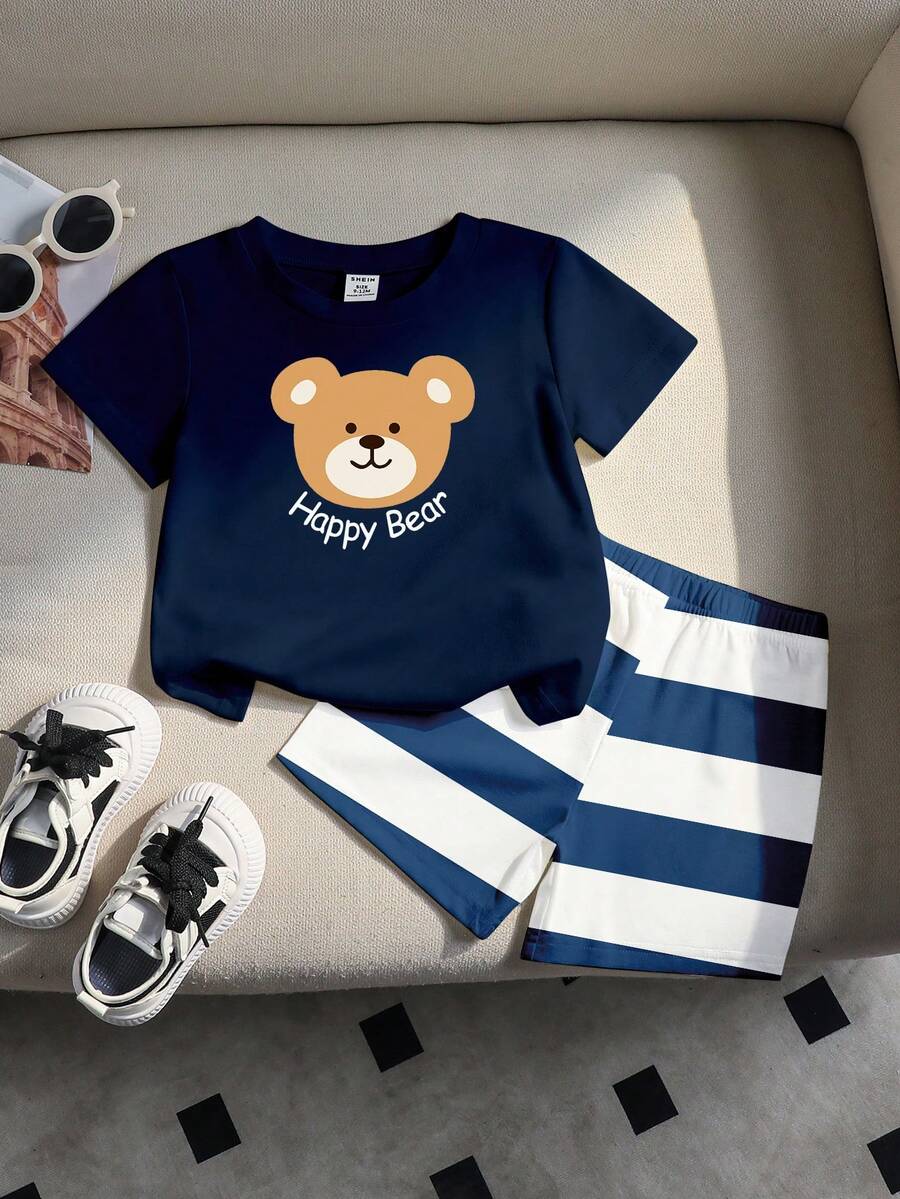 SHEIN Playful Pals 男婴休闲度假简约时尚经典小熊图案针织背心和撞色条纹短裤套装,适合夏季、居家休闲、户外活动、运动和上学穿着。 - 彩色 - 查看 1