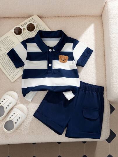 SHEIN Souflis Baby Boy Spring/Summer Casual Daily Outing Gentleman Style Polo Shirt With Striped & Embroidered Polo Motif + Solid Color Shorts Set